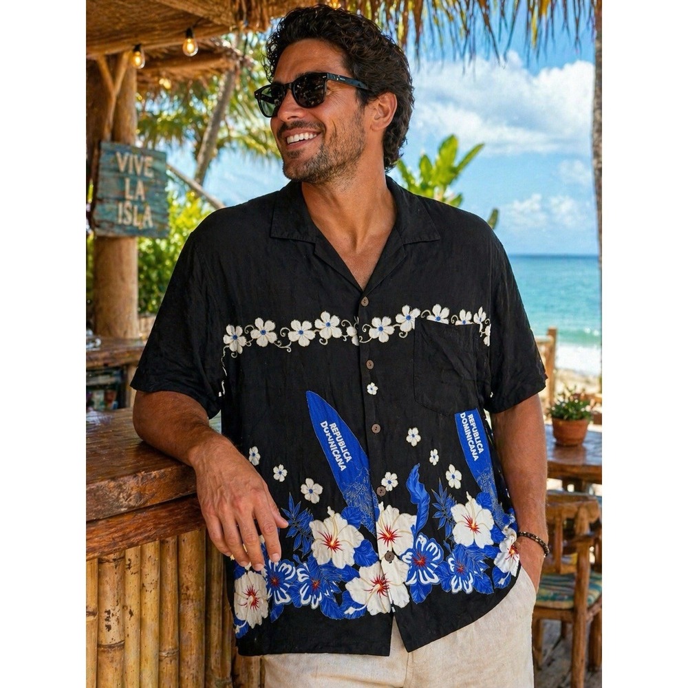 Vintage Hawaiian Shirt XL Black Surf Republica Dominicana Tropical Camp - Picture 2 of 8